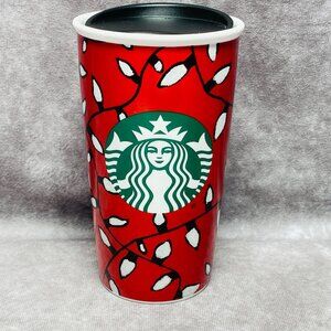 Starbucks 12 fl oz Red Holiday Tumbler Christmas Lights  2016 Green Mermaid Logo
